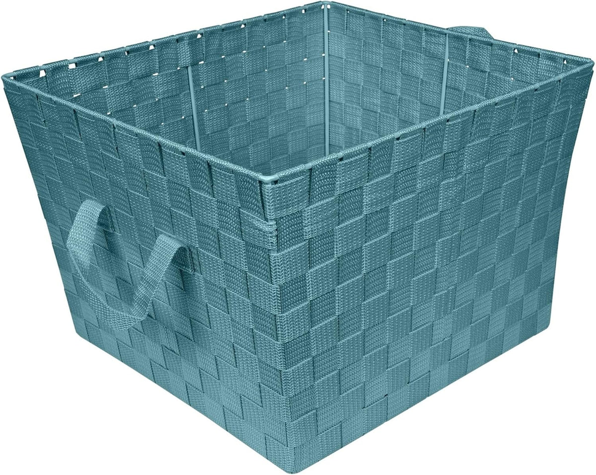 Large Blue Woven Fabric Storage Basket 13x15x10 In with Handles