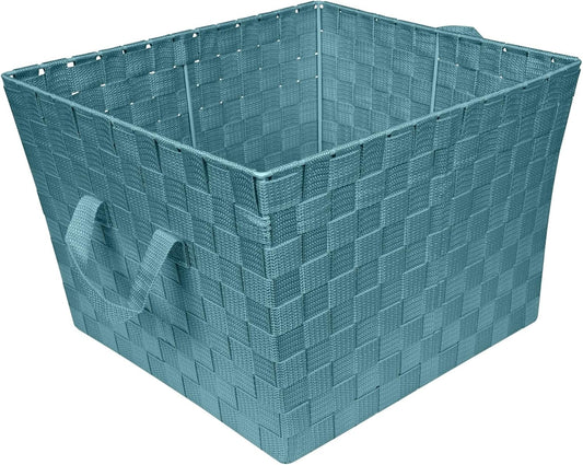 Large Blue Woven Fabric Storage Basket 13x15x10 In with Handles