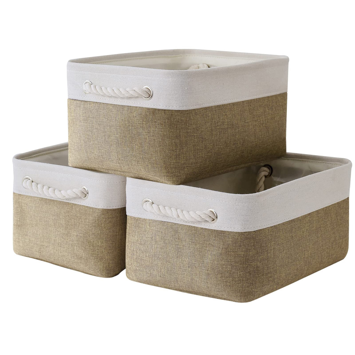TheWarmHome Storage Basket for Organizing - 14x10x7 inch Medium 3 Pack Collapsible Storage Bin for Shelves with Handles, Canves Storage Box for Organizer Cubes Cloth Gift Toy Closet (White & Khaki)
