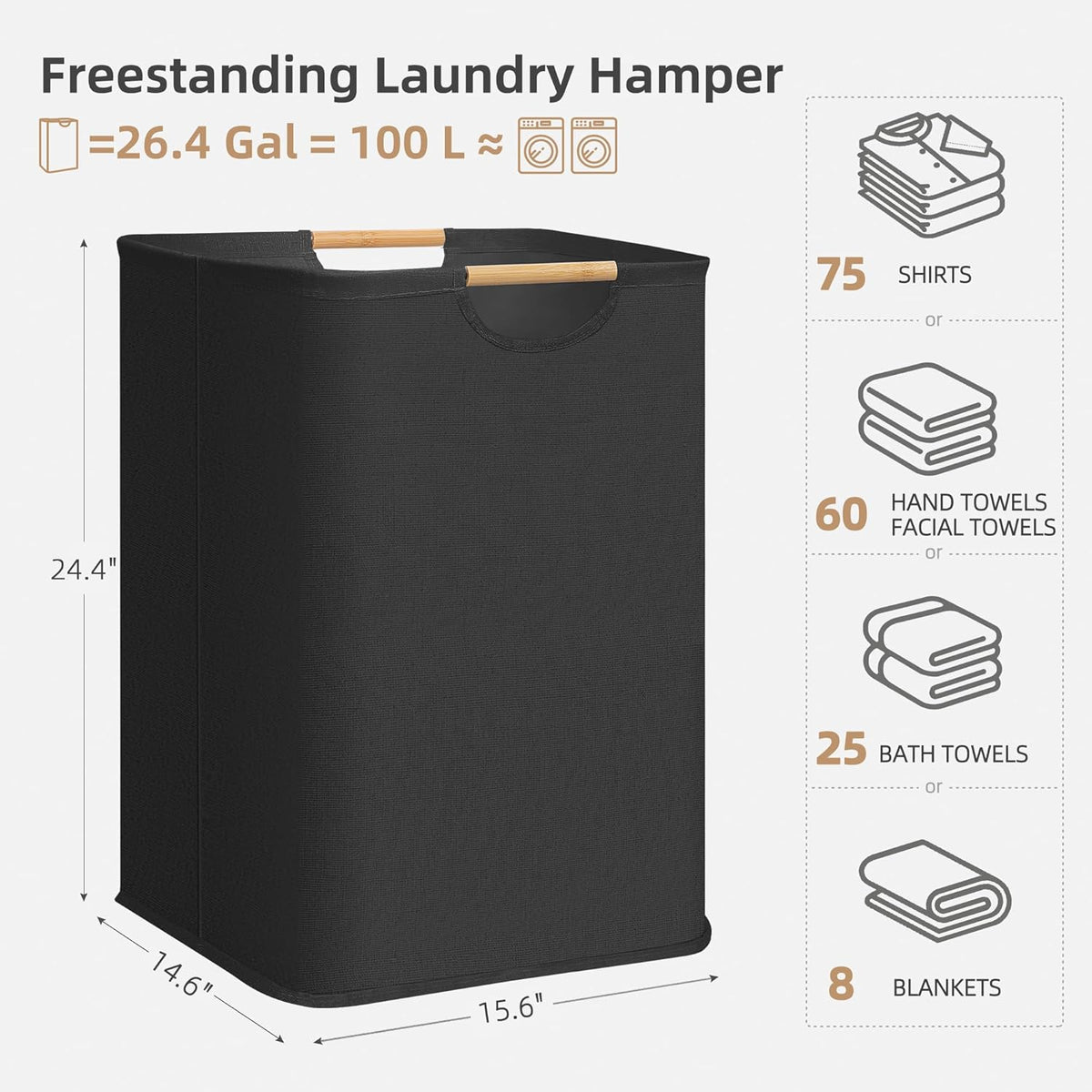 STORAGE MANIAC 1-Pack Collapsible Laundry Hamper with Bamboo Handles, Black