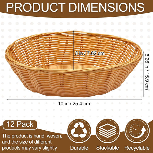Nexboraque 12 Pack Plastic Oval Basket, Empty Bread Basket 10 x 6.25 x 3 Inch Food Storage Basket Bulk, Plastic Wicker Baskets Bin for Kitchen Serving, Centerpiece Display, Gifts, Brown