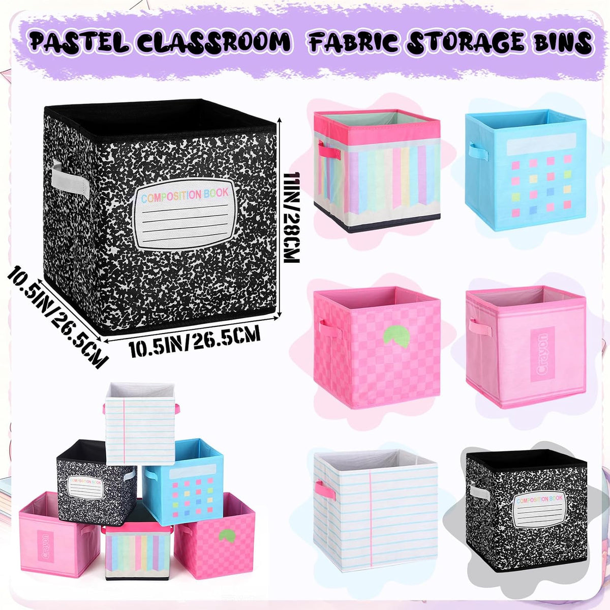 Kathfly 6 Pcs 11" Fabric Classroom Storage Bins Cubby Baskets, Pastel