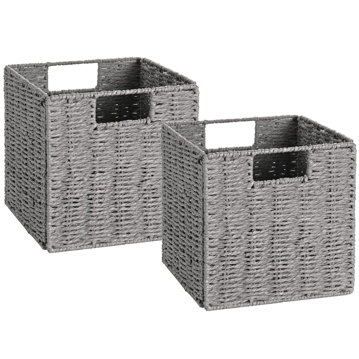 Vagusicc Wicker Basket, Set of 2 Hand-Woven Paper Rope Storage Baskets for Organizing, Foldable Cubby Storage Bins, 11 Inch Large Wicker Storage Basket, Square Baskets Cube Storage Organizer, Brown