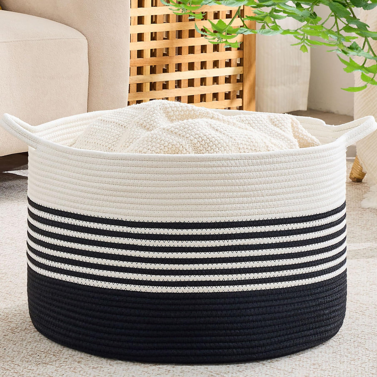 KAKAMAY Large Blanket Basket with Handles, Storage Basket for Living Room
