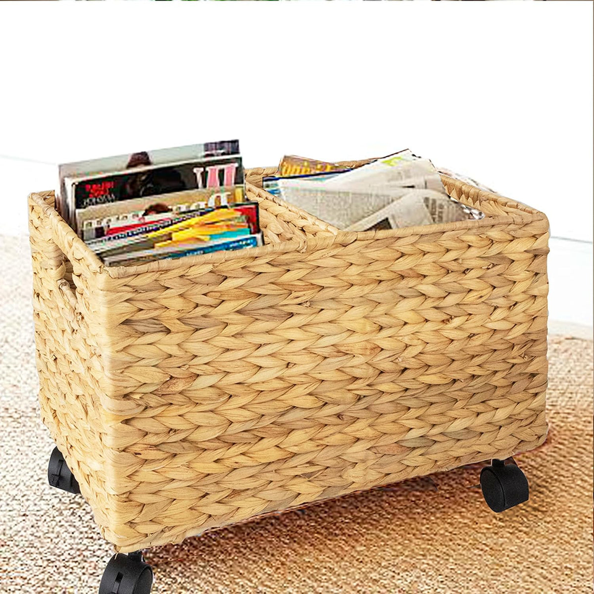 PEMAR Rolling Wicker Storage Basket Set of 2 Natural Water Hyacinth & Seagrass Bins on Wheels with Removable Divider & Insert Handles Nesting Design for under Desk, Home & Office Organization