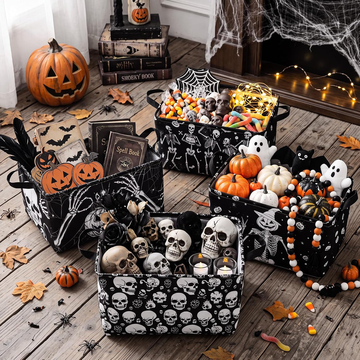 4 Pcs Halloween Storage Basket for Gifts Large Spooky Skeleton Storage Bins with Handles 15 x 10 x 8 Fabric Laundry Baskets Halloween Skull Collapsible Organizer Boxes for Home Cloth Toys Book