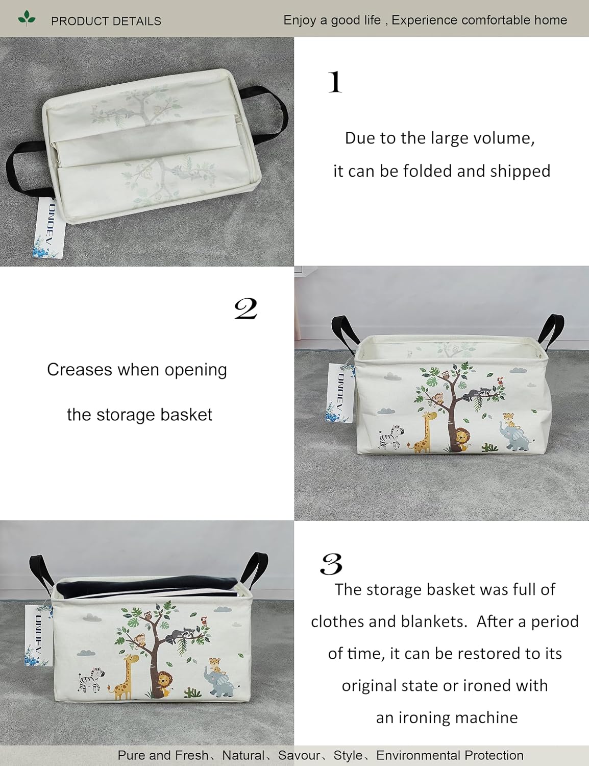 Rectangular Fabric Storage Bin, Foldable Tree Animals print Basket
