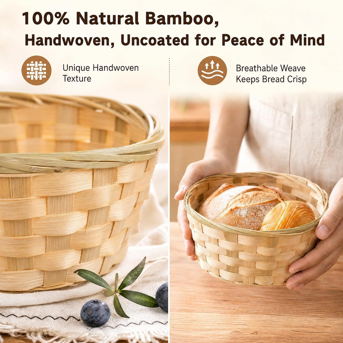 TOPZEA 10 Pack Round Gift Baskets, 8 Inch Natural Bamboo Woven Fruit Basket, Small Wicker Bread Roll Serving Basket, Food Storage Bin Handmade Baskets for Kitchen Restaurant Centerpiece Christmas