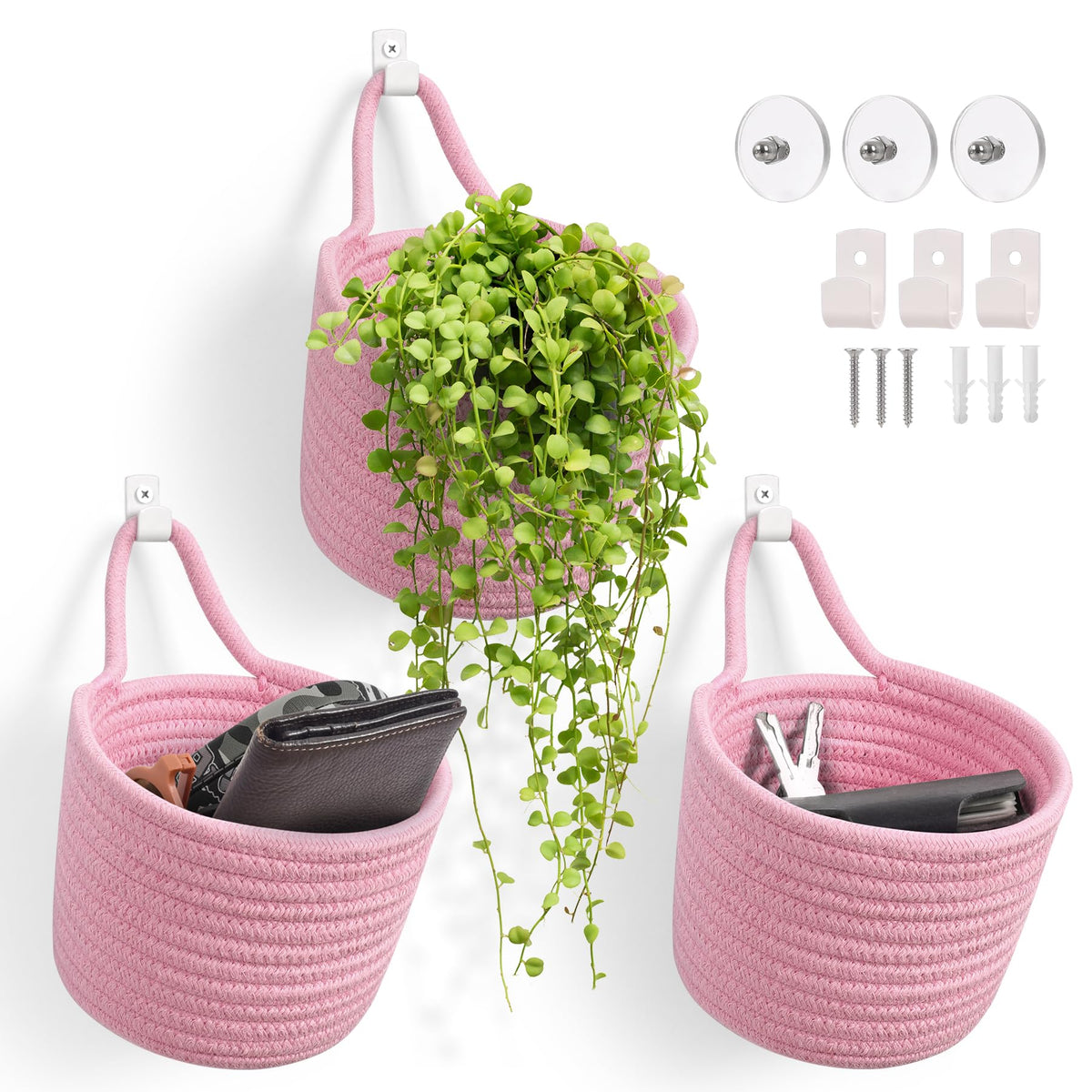 Fabric Wall Hanging Baskets, 3 Pack Woven Boho Pouches (White & White)