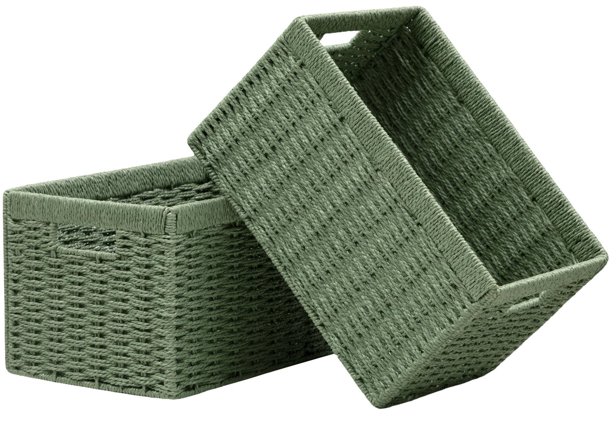 UBBCARE 2 Pack Wicker Basket, 13.4L×8.3H×7.1W inch Woven Paper Rope Storage Baskets for Shelves, Foldable Rectangular Storage Baskets with Handle, Storage Basket for Organizing, Dark Brown