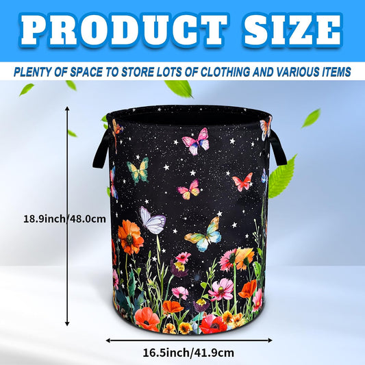Colorful Butterflies Flowers Laundry Basket Oxford Cloth 18.9 x 16.5 Inch