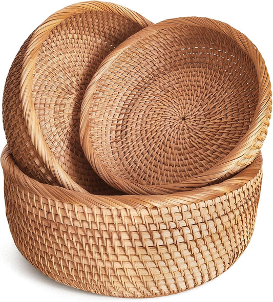 Handwoven Rattan Fruit Basket Set, Round Wicker Bread Baskets for Serving