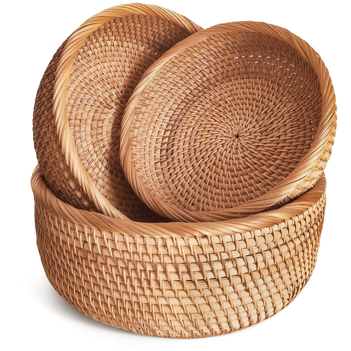 Handwoven Rattan Fruit Basket Set, Round Wicker Bread Baskets for Serving