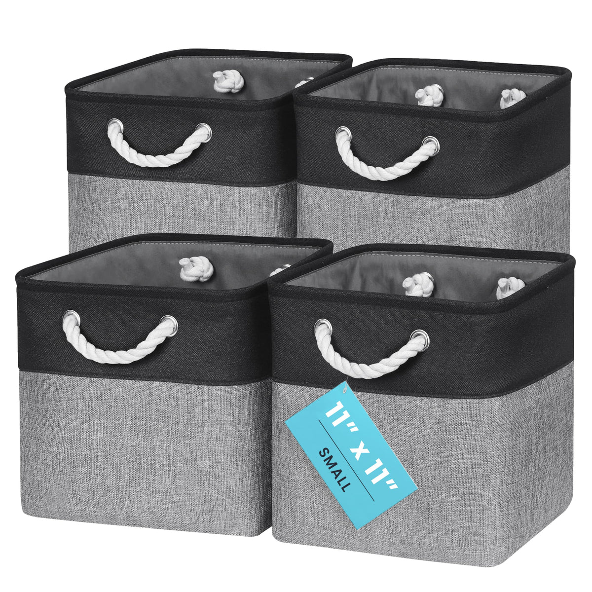 OrganiHaus 11x11 Cube Storage Bins, 4-Pack Fabric Cubes, Rope Handles