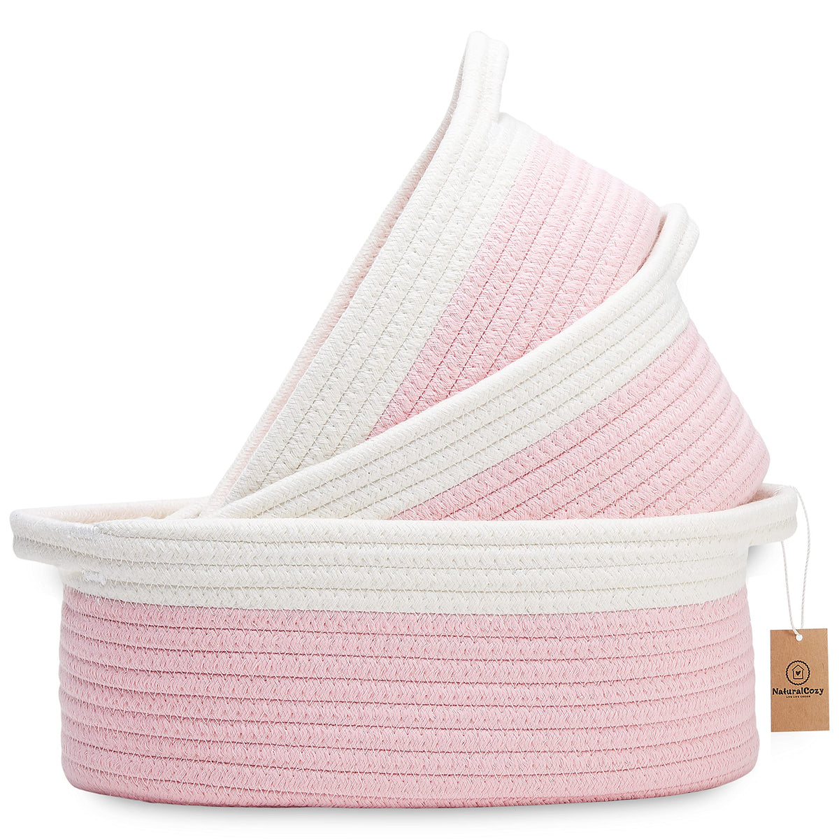 NaturalCozy 3-Piece Oval Storage Basket Set– Cotton Rope Woven Baskets for Storage, Gift Basket Empty, Toy Basket, Soft Baby Basket for Nursery, Cat Dog Toy Baskets, Small Basket (Off White & Blue)