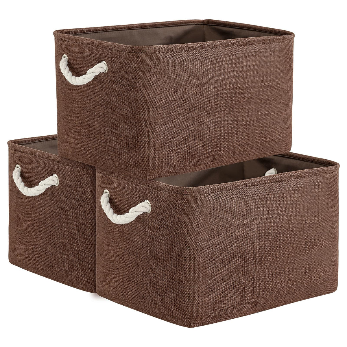 TheWarmHome Storage Basket for Organizing - 14x10x7 inch Medium 3 Pack Collapsible Storage Bin for Shelves with Handles, Canves Storage Box for Organizer Cubes Cloth Gift Toy Closet (White & Khaki)