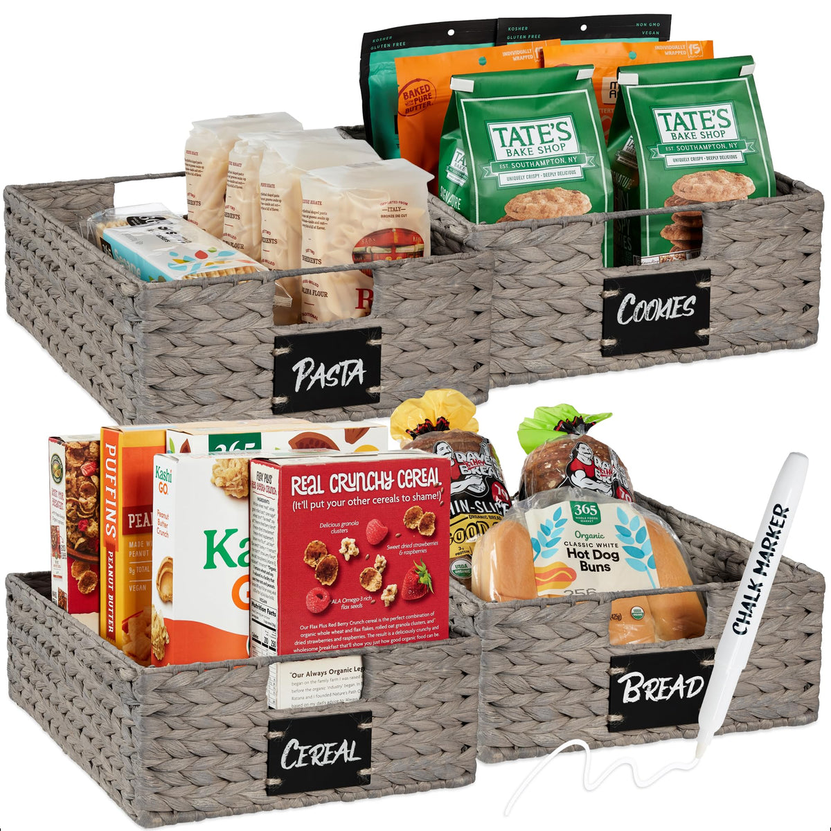 Best Choice Products Set of 4 9x12in Water Hyacinth Pantry Baskets, Woven Organizers w/Chalkboard Label, Chalk Marker - Natural