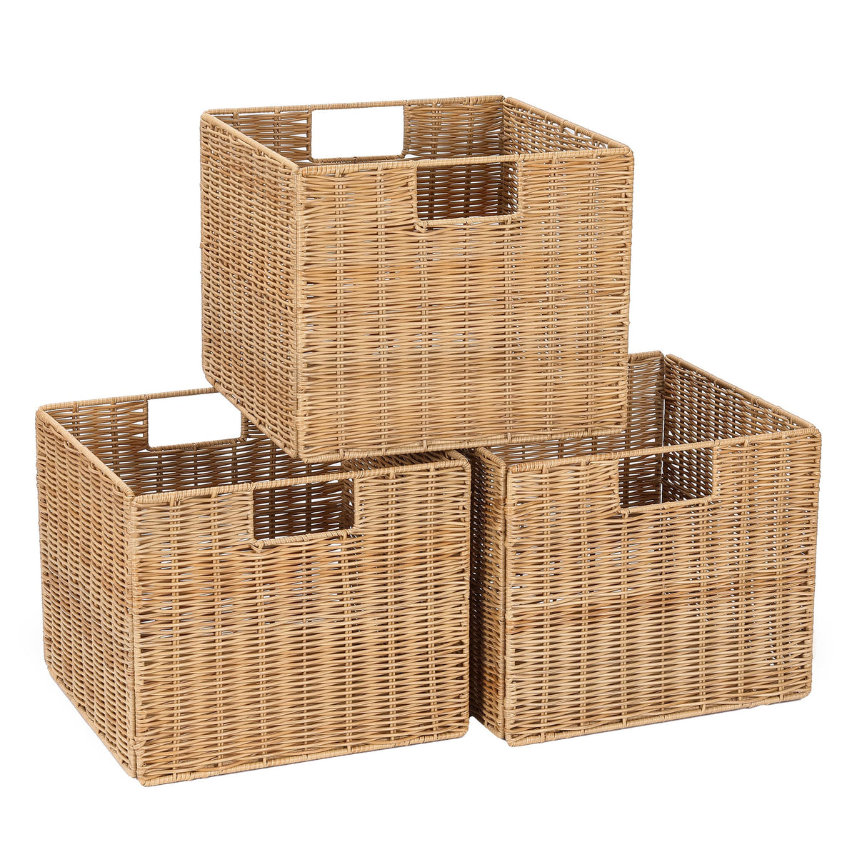 12x12x10in Water Hyacinth Storage Basket Large, Folding Cube Woven Wicker Storage Basket for Shelves, Pantry Baskets Organization and Storage, Kitchen Storage Baskets, Large Rattan Basket Set of 3