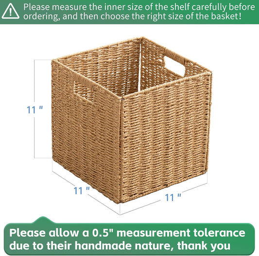 11x11x11 Cube Storage Bins Set of 4, Paper Rope Hand Woven Storage Basket with Handles, Collapsible Square Storage Cubes for Shelves, Wicker Shelf Baskets for Living Room Bedroom Organizing, Natural