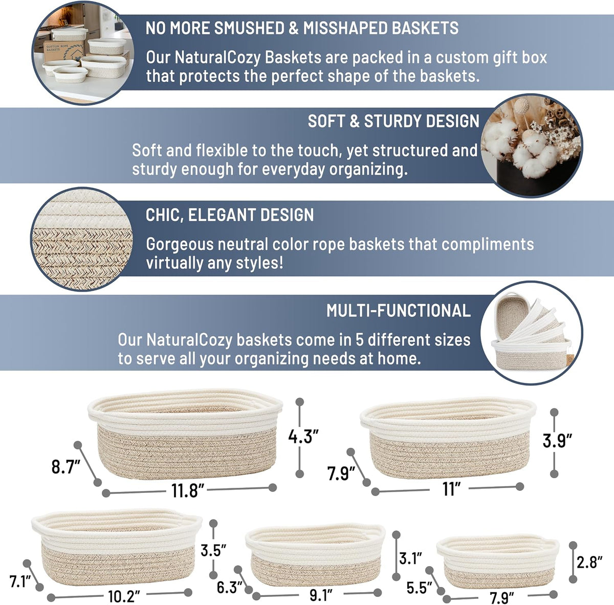 NaturalCozy 5-Piece Rectangle Storage Basket Set- Natural Cotton Rope Woven Baskets for Organizing! Small Basket for Montessori, Baby Nursery, Dog Toy Baskets, Cat Toy Box, Bathroom Organization Bin