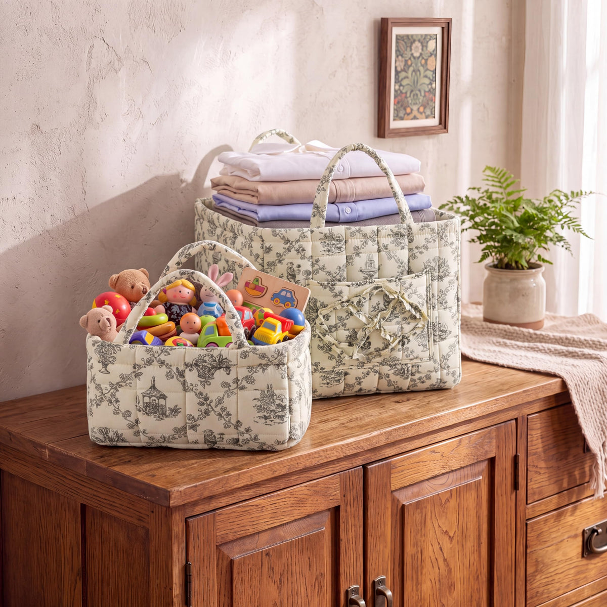 2 Pcs Quilted Fabric Storage Basket with Handles Large Capacity Laundry Basket Boho Foldable Floral Laundry Organizer Bin for Home Picnic Shopping Travel