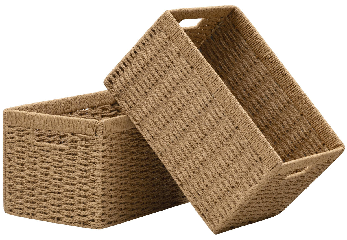 UBBCARE 2 Pack Wicker Basket, 13.4L×8.3H×7.1W inch Woven Paper Rope Storage Baskets for Shelves, Foldable Rectangular Storage Baskets with Handle, Storage Basket for Organizing, Dark Brown