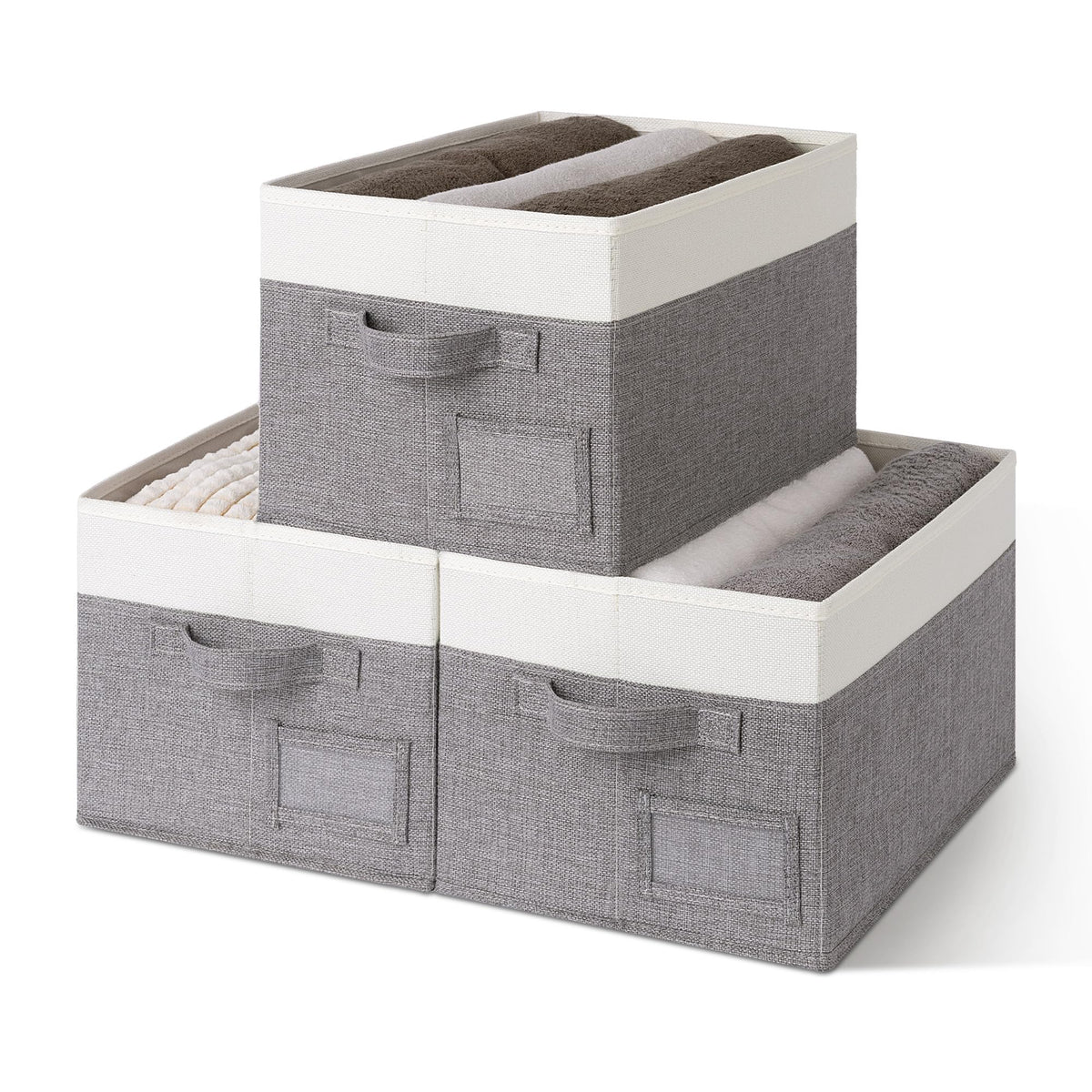 GRANNY SAYS Closet Shelf Baskets with Label, Khaki&Ivory, Large, 3-Pack