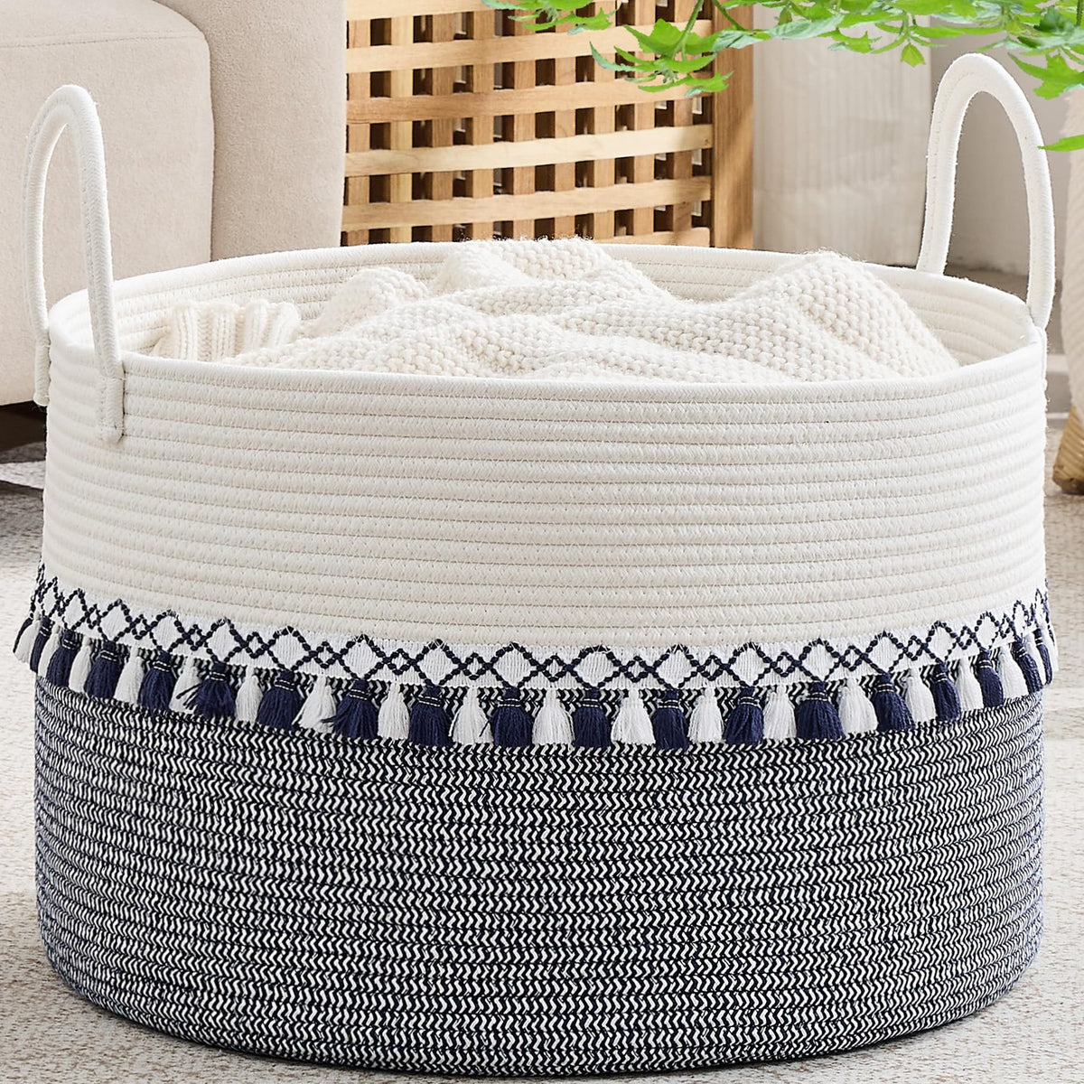 KAKAMAY Large Blanket Basket with Handles, Storage Basket for Living Room