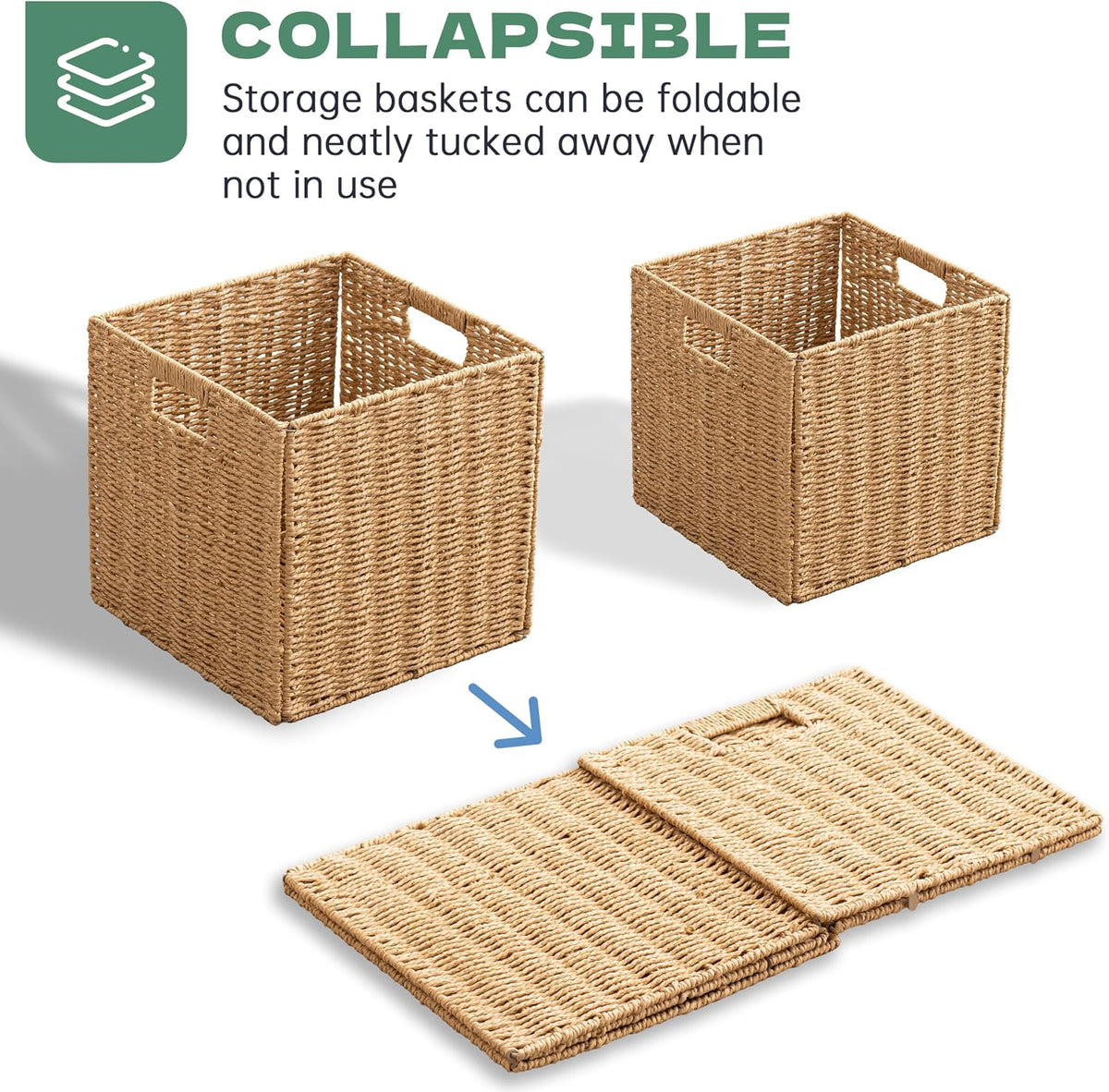 11x11x11 Cube Storage Bins Set of 4, Paper Rope Hand Woven Storage Basket with Handles, Collapsible Square Storage Cubes for Shelves, Wicker Shelf Baskets for Living Room Bedroom Organizing, Natural
