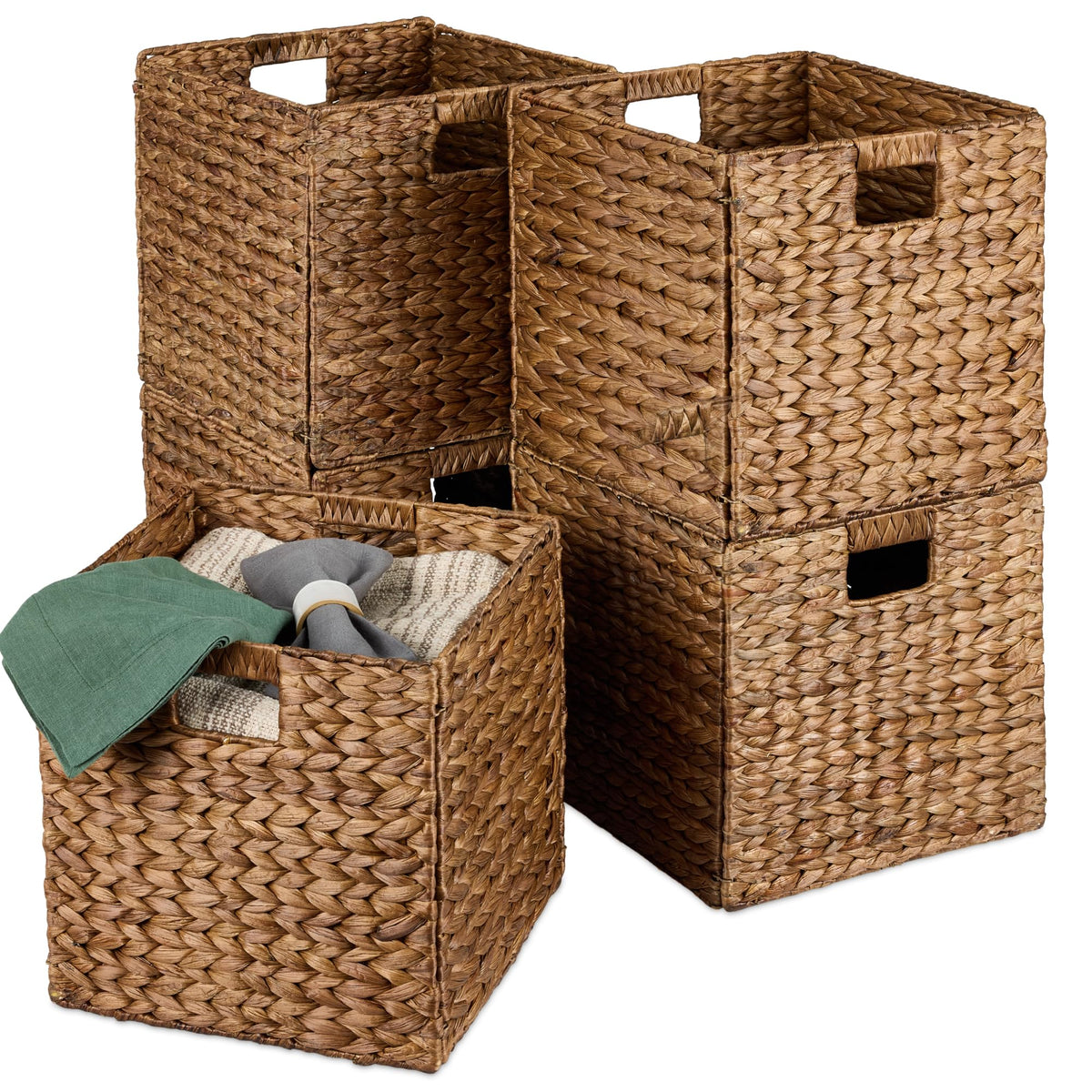 Best Choice Products 10.5x10.5in Pack of 5 Cube Storage Baskets, Water Hyacinth Multipurpose Collapsible Organizers, Handwoven Laundry Totes for Laundry, Living Room, Kids Room & Nursery - Brown