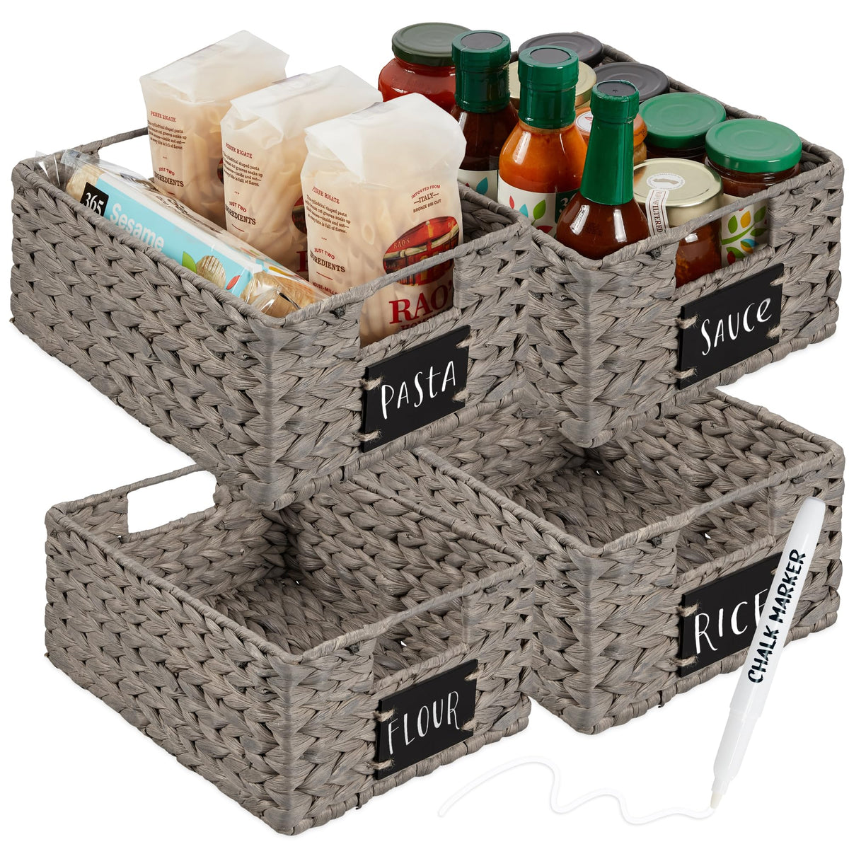 Best Choice Products Set of 4 9x12in Water Hyacinth Pantry Baskets, Woven Organizers w/Chalkboard Label, Chalk Marker - Natural