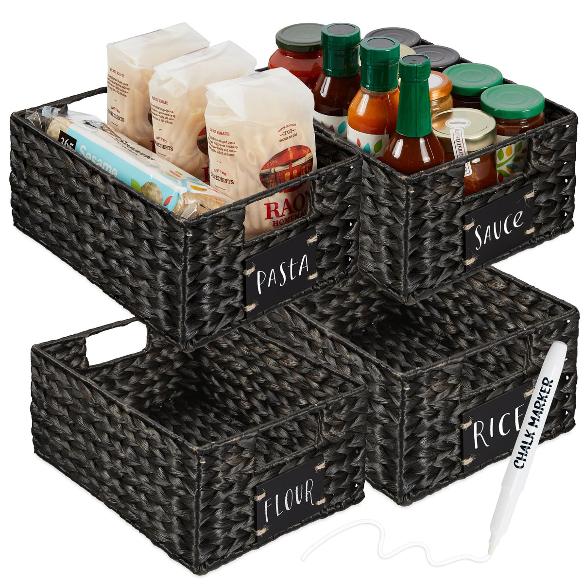 Best Choice Products Set of 4 9x12in Water Hyacinth Pantry Baskets, Woven Organizers w/Chalkboard Label, Chalk Marker - Natural