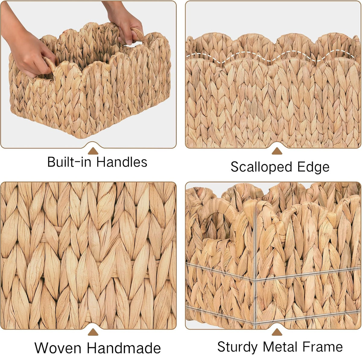 iEGrow Scalloped Wicker Basket, Set of 2 Woven Rattan Natural Water Hyacinth Baskets with Built-in Handles, Rectangle Storage Baskets for Organizing, Decor, Shelf and Nursery Room