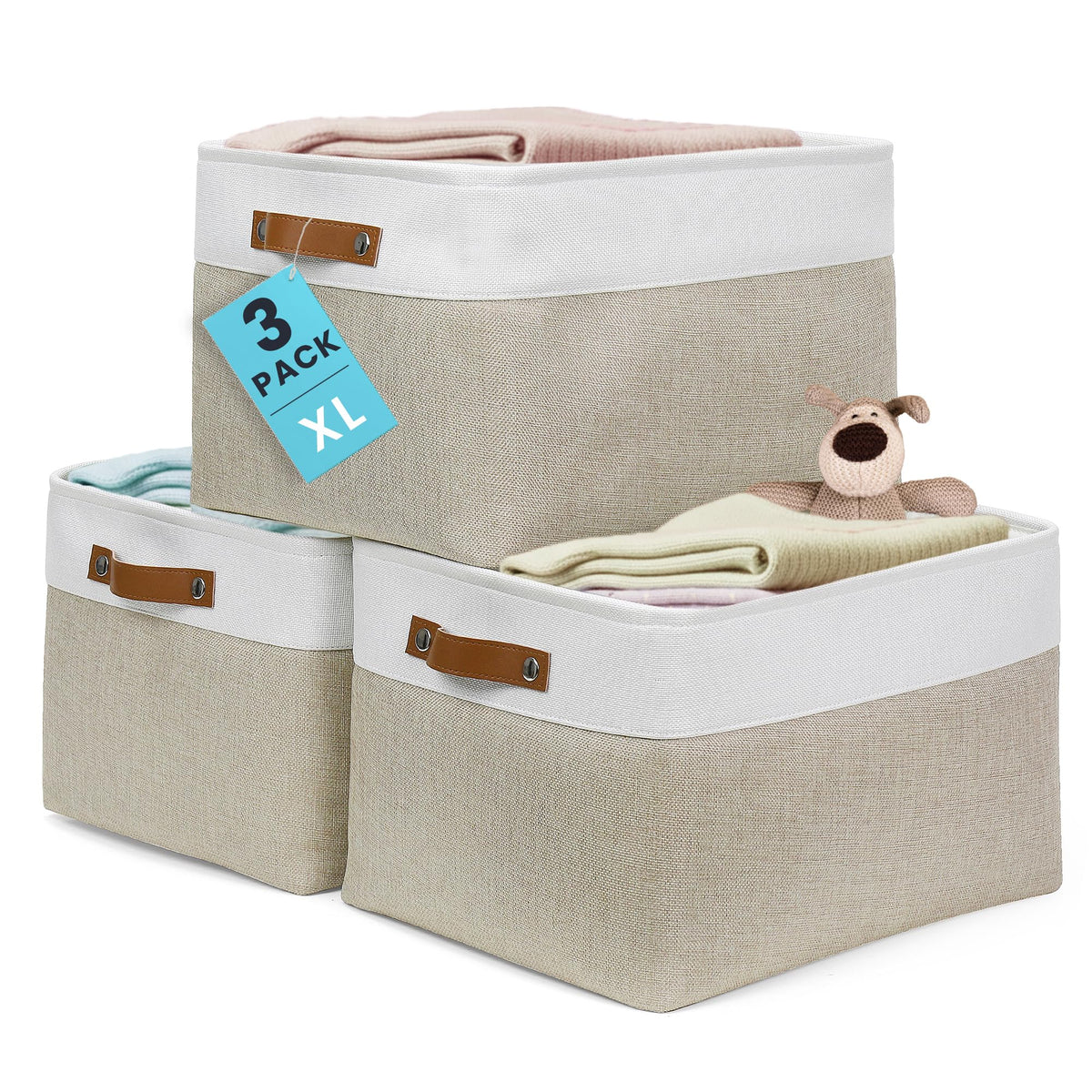 OrganiHaus 12x8in Canvas Storage Baskets, 3 Pack - Fabric Bins for Shelves