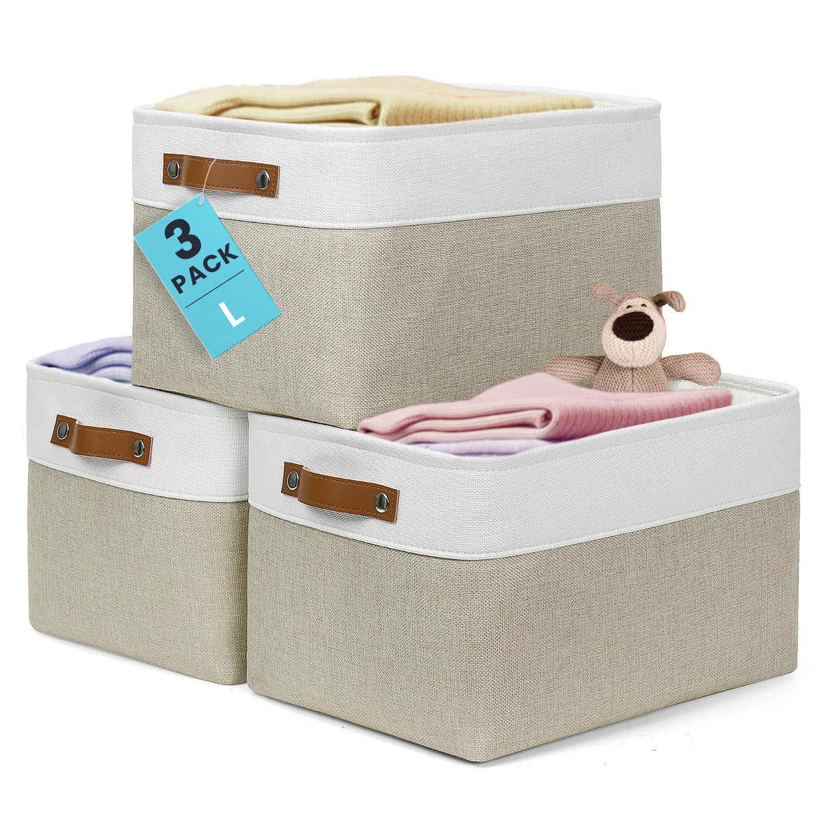 OrganiHaus 12x8in Canvas Storage Baskets, 3 Pack - Fabric Bins for Shelves