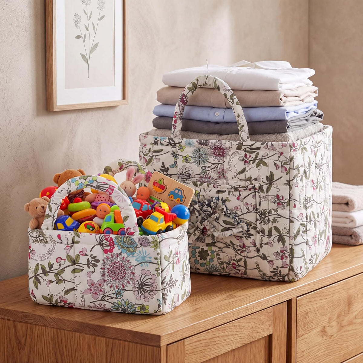 2 Pcs Quilted Fabric Storage Basket with Handles Large Capacity Laundry Basket Boho Foldable Floral Laundry Organizer Bin for Home Picnic Shopping Travel
