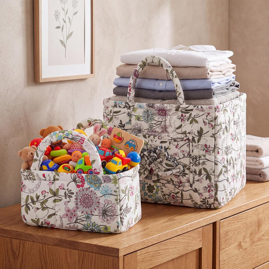2 Pcs Quilted Fabric Storage Basket with Handles Large Capacity Laundry Basket Boho Foldable Floral Laundry Organizer Bin for Home Picnic Shopping Travel