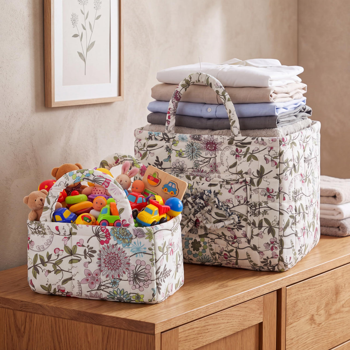 2 Pcs Quilted Fabric Storage Basket with Handles Large Capacity Laundry Basket Boho Foldable Floral Laundry Organizer Bin for Home Picnic Shopping Travel