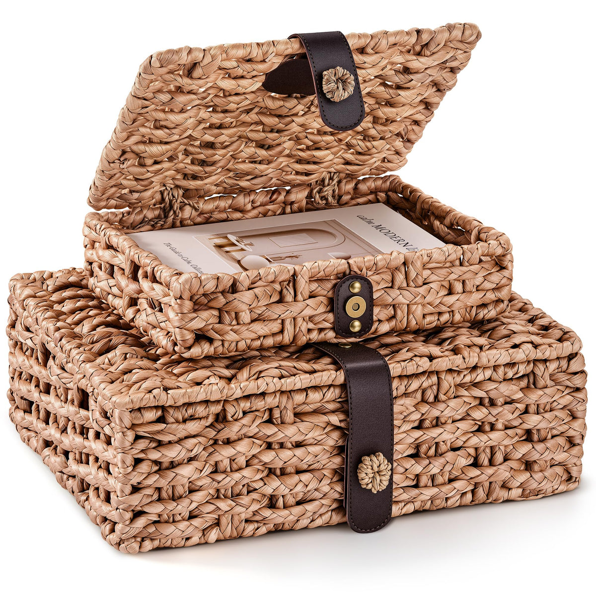 JARLINK Decorative Box with Lid, Handwoven Water Hyacinth Wicker Woven Box