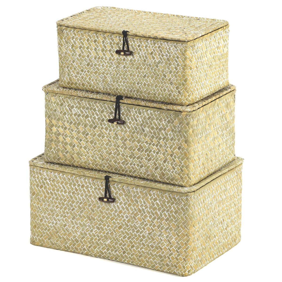 Nonam Wicker Storage Basket with Lid,Seagrass Shelf Basket Set of 3,Nautral