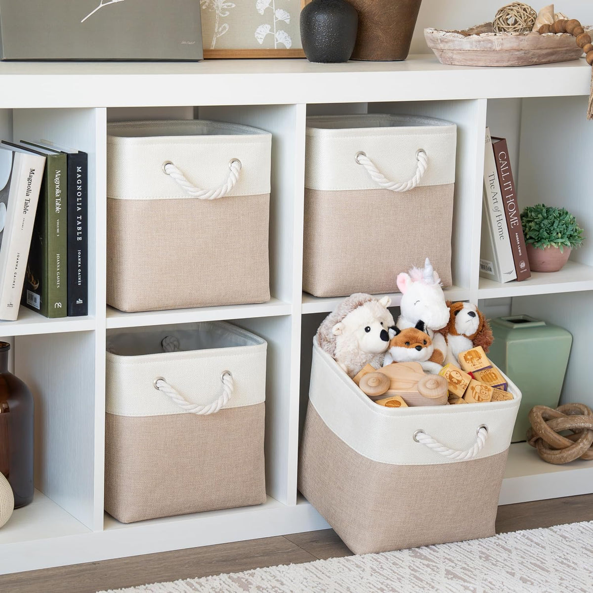 OrganiHaus 11x11 Cube Storage Bins, 4-Pack Fabric Cubes, Rope Handles