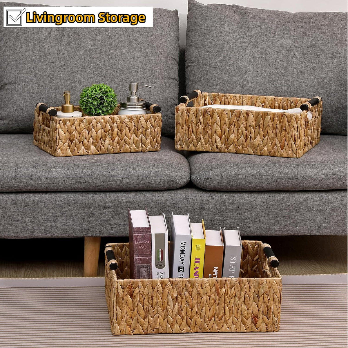 Water Hyacinth Storage Baskets Set of 3 Handwoven Storage Bins for Nursery