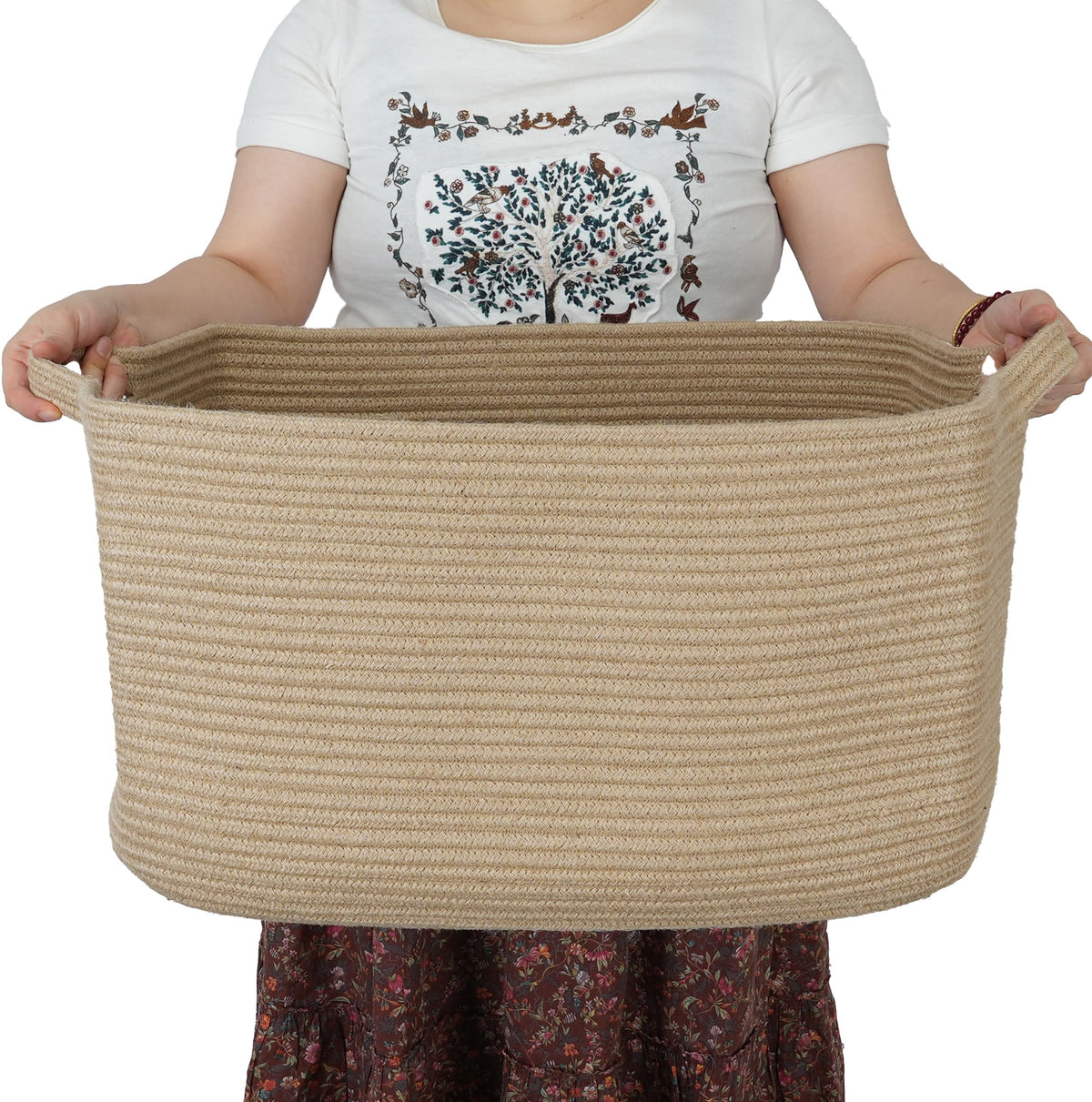 XUANGUO Large Rectangle Woven Cotton Rope Blanket Basket 22"x17"x12" White