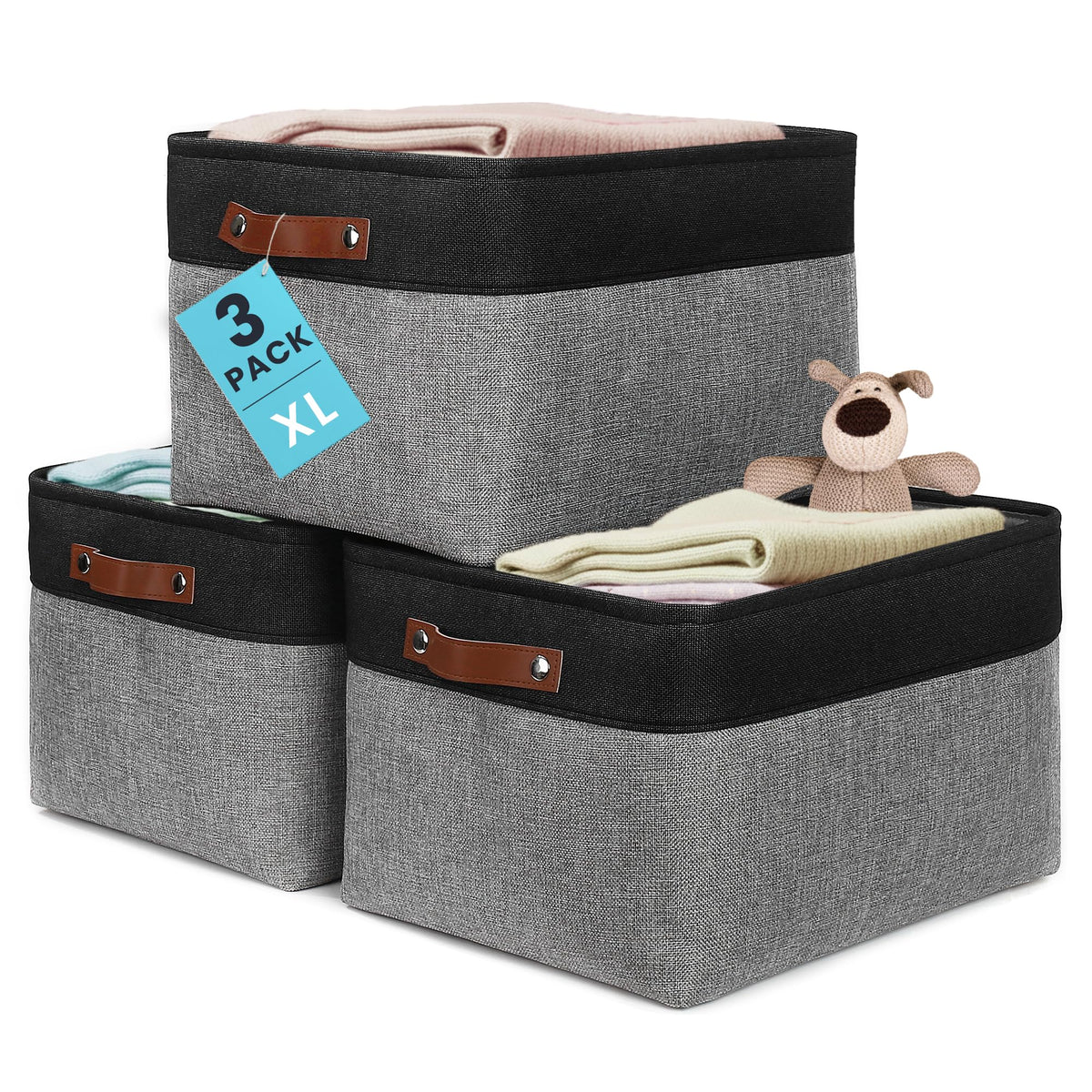 OrganiHaus 12x8in Canvas Storage Baskets, 3 Pack - Fabric Bins for Shelves
