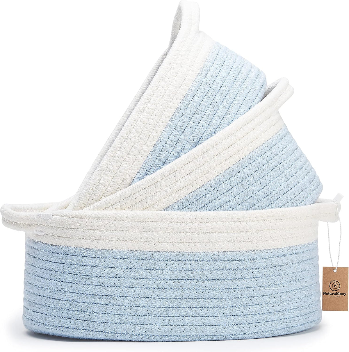 NaturalCozy 3-Piece Oval Storage Basket Set– Cotton Rope Woven Baskets for Storage, Gift Basket Empty, Toy Basket, Soft Baby Basket for Nursery, Cat Dog Toy Baskets, Small Basket (Off White & Blue)