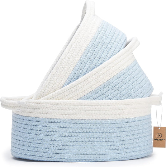 NaturalCozy 3-Piece Oval Storage Basket Set– Cotton Rope Woven Baskets for Storage, Gift Basket Empty, Toy Basket, Soft Baby Basket for Nursery, Cat Dog Toy Baskets, Small Basket (Off White & Blue)