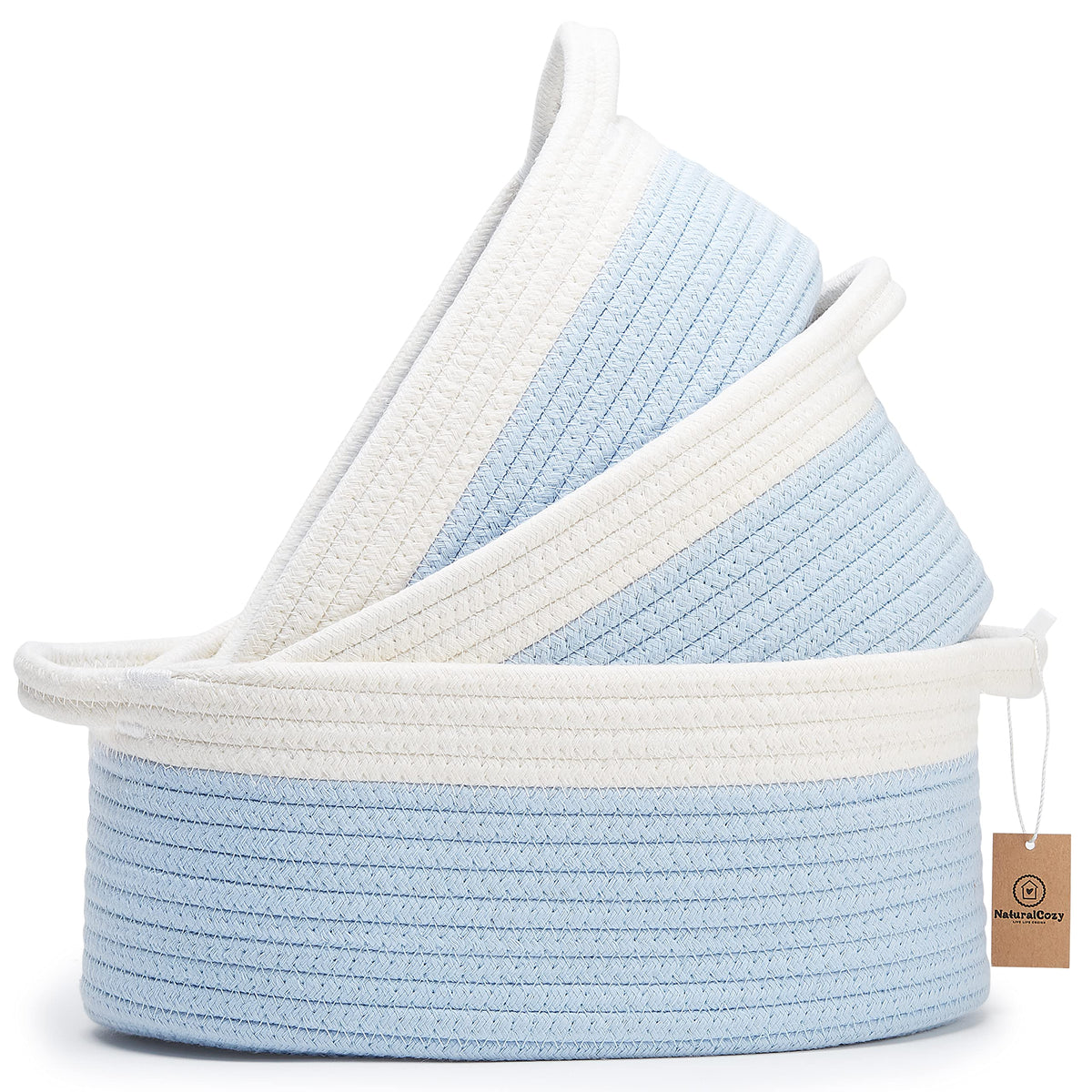 NaturalCozy 3-Piece Oval Storage Basket Set– Cotton Rope Woven Baskets for Storage, Gift Basket Empty, Toy Basket, Soft Baby Basket for Nursery, Cat Dog Toy Baskets, Small Basket (Off White & Blue)
