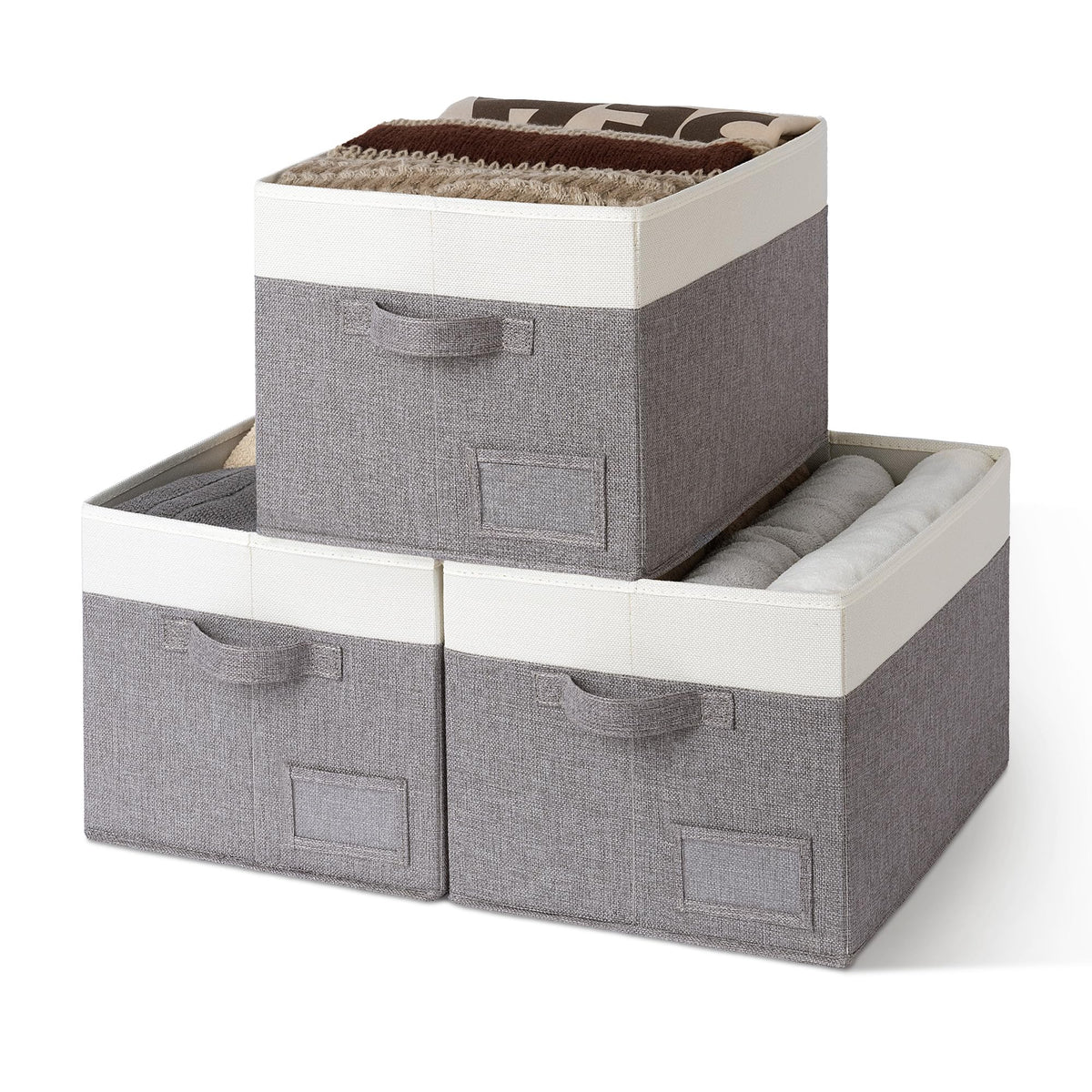 GRANNY SAYS Closet Shelf Baskets with Label, Khaki&Ivory, Large, 3-Pack