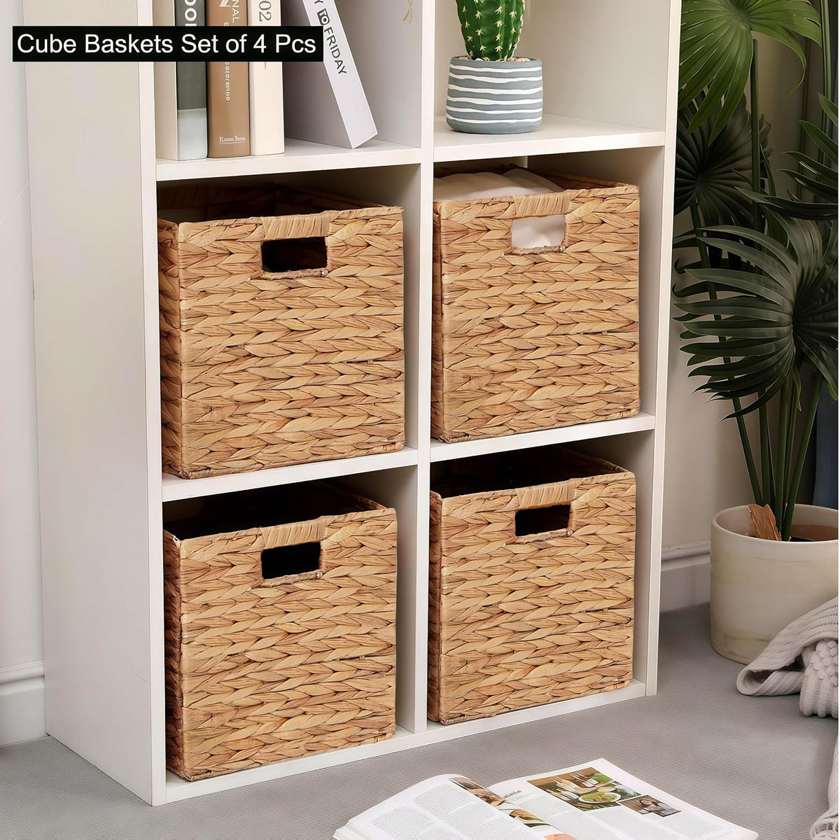 11 x 11 x 11 in Woven Storage Baskets,Set of 4 Wicker Cubes Baskets,Natural