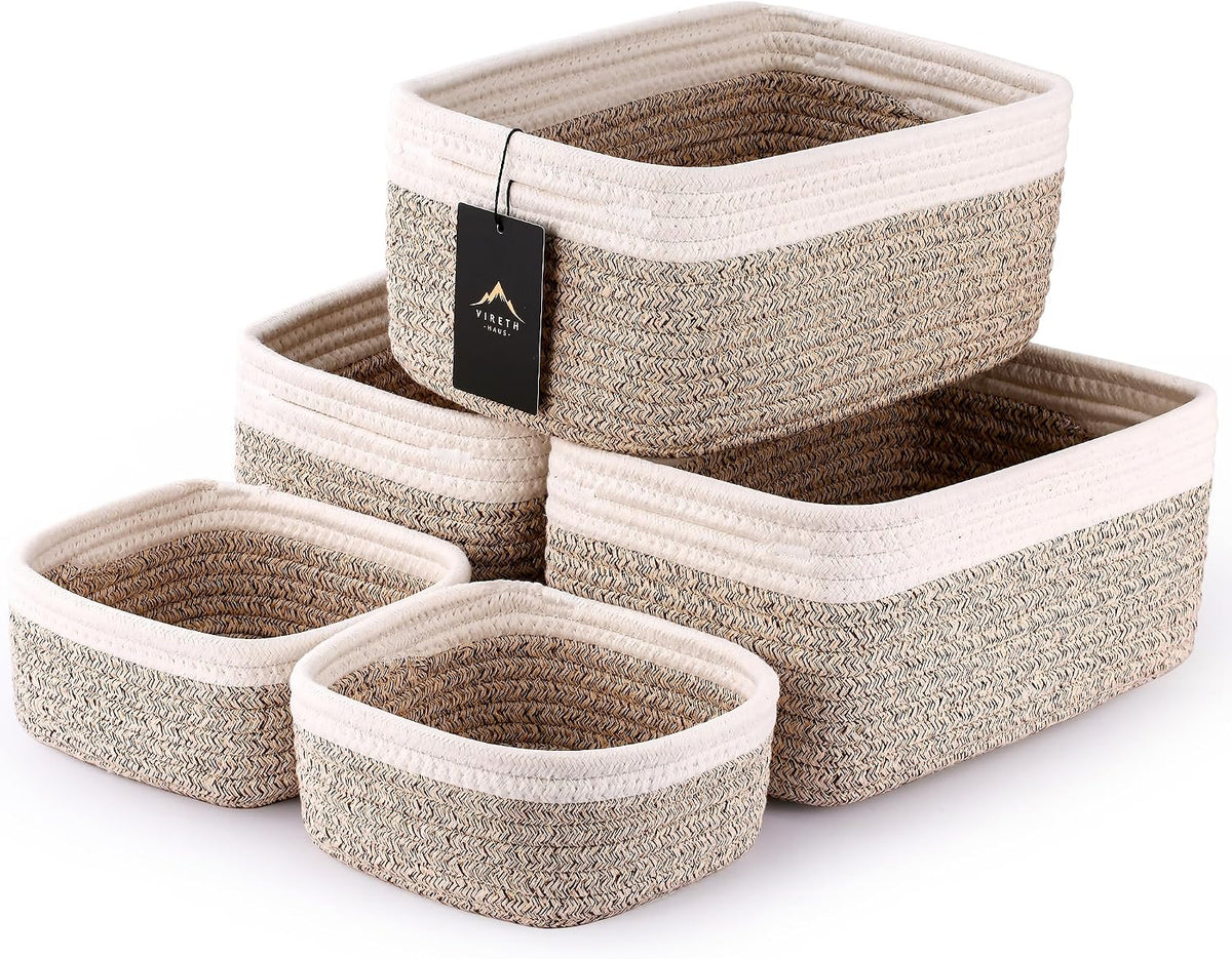 5-Pack Small Woven Rope Storage Baskets, 2 Sizes Organizer Bins